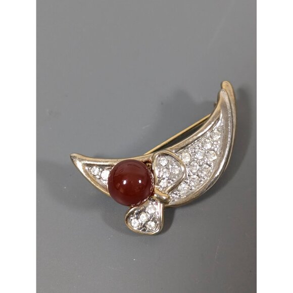 Vintage Red Glass Rhinestone Pave Crescent Moon Bow Brooch Pin - Picture 2 of 6